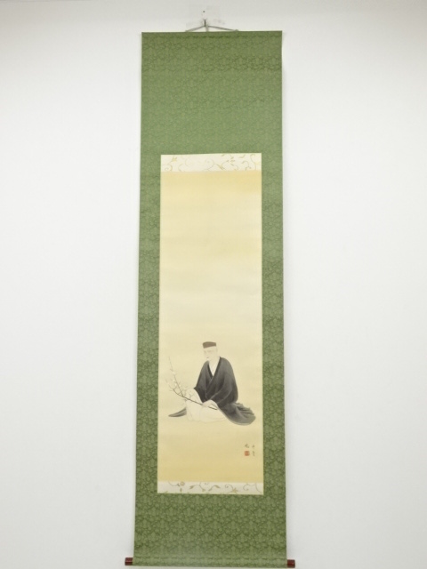 JAPANESE HANGING SCROLL / HAND PAINTED / UME BLOSSOMS & OLD MAN